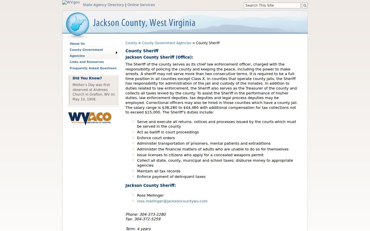 Jackson County criminal history sheriff contact page