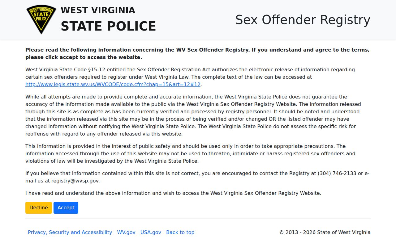 Jackson County sex offender search at the West Virginia State Police registry